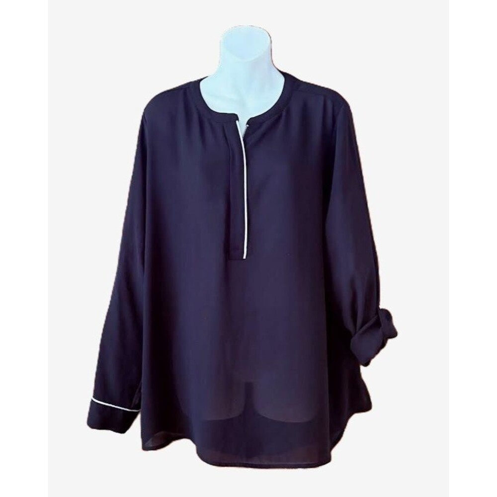 Apt 9 Women’s XXL Black Blouse Front Zip Roll Tab Sleeve High Low Tunic Flowing